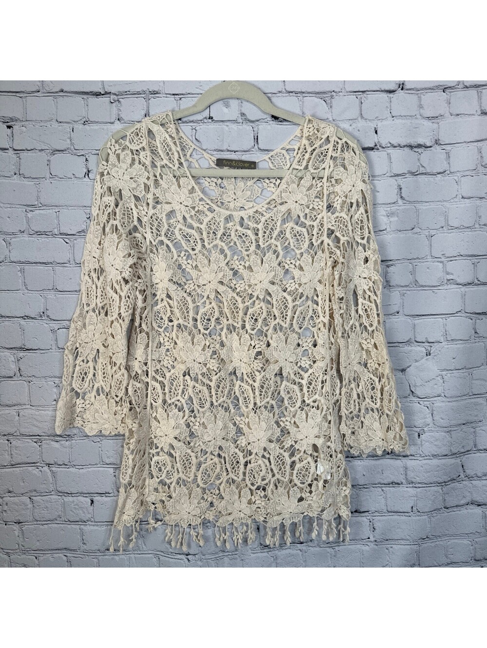 Finn & Clover Boho Cottage Crochet Lace Tunic w/ Fringe Hem M